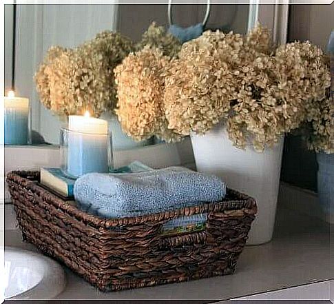 Basket with bathroom items