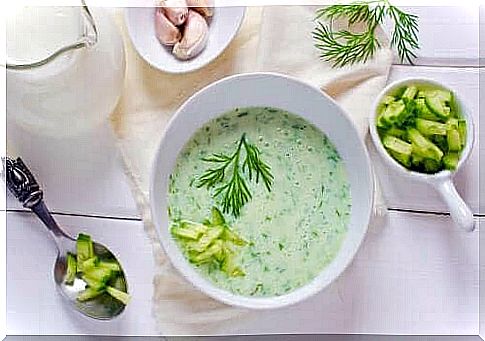 A plate of cucumber avocado soup