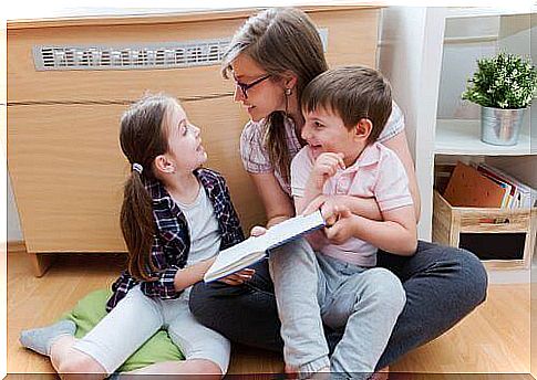 mother and children reading